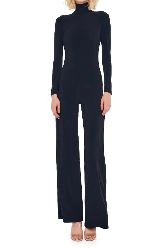 women's spring pantsLong Sleeve Turtleneck Jumpsuit In Black