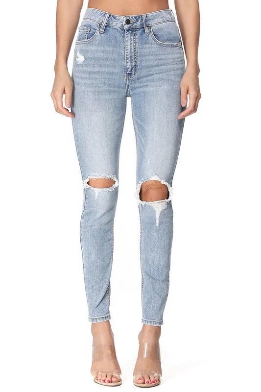 women's chiffon pantsMake You Wait Light Wash Distressed Skinny Jeans - SALE