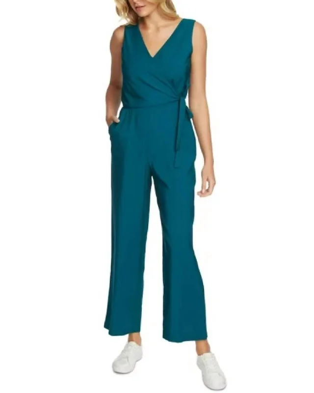 women's striped pantsSleeveless Vneck Wrap Cropped Jumpsuit In Blue Green