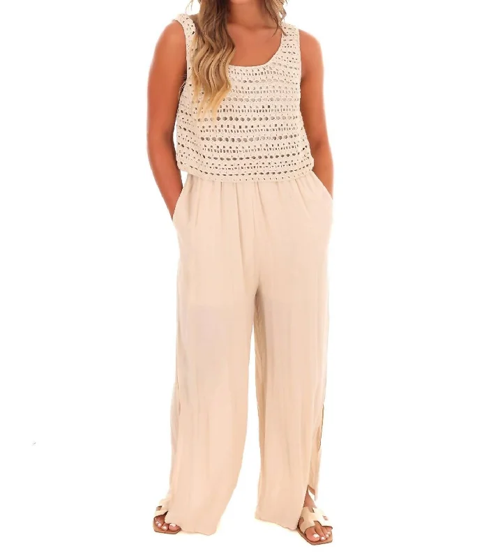 women's patterned pantsWalk On The Beach Crochet Jumpsuit In Shell