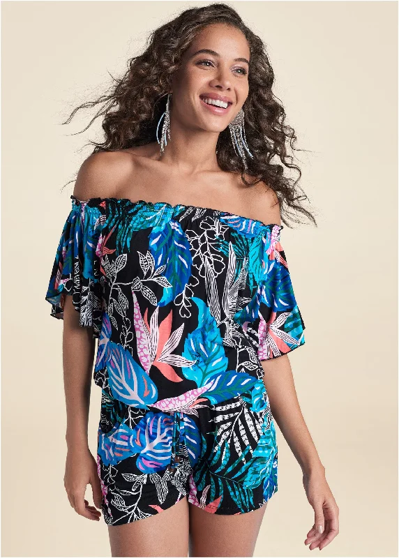 women's fair-trade dressesBahamian Palm Off Shoulder Romper - Blue Multi