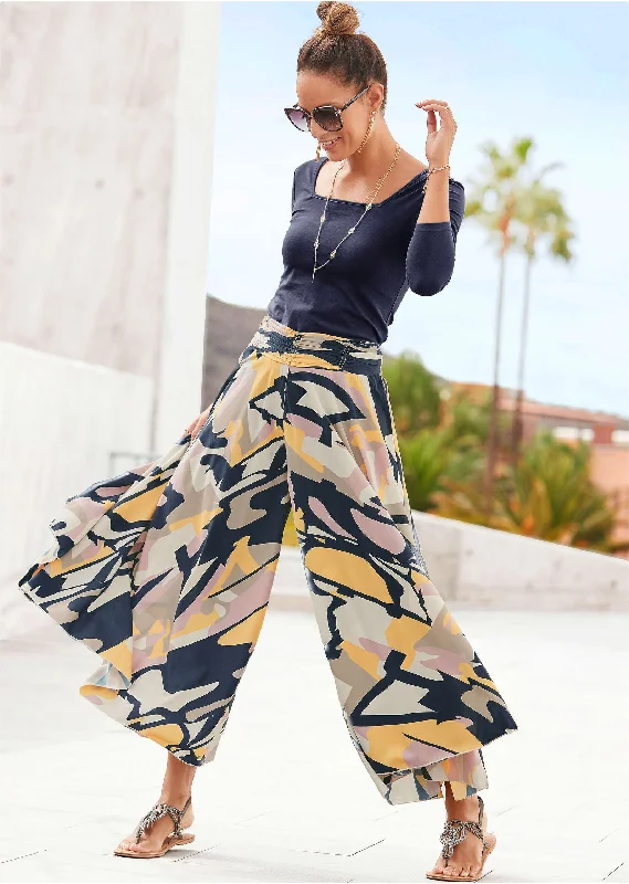 women's high-end dressesPrinted Flowy Pants - Navy Multi