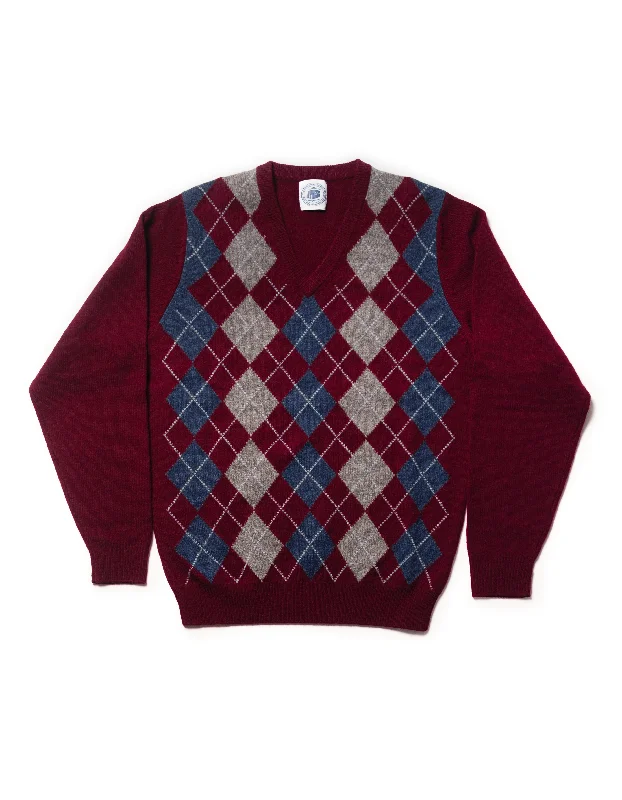 women's club dressesLAMBSWOOL ARGYLE V NECK SWEATER - BURGUNDY/BLUE