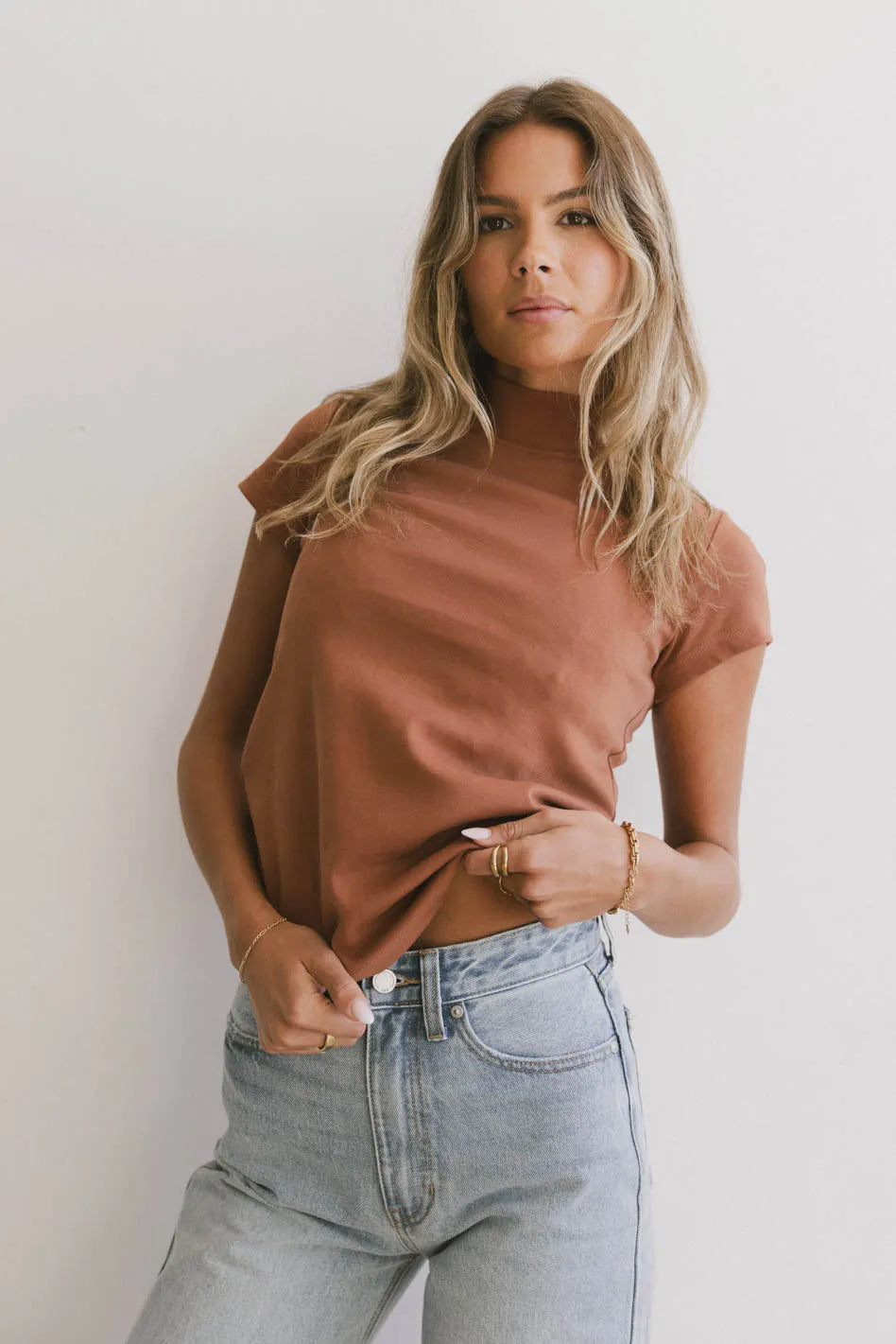 women's solid color dressesMarley Mock Neck Tee in Rust