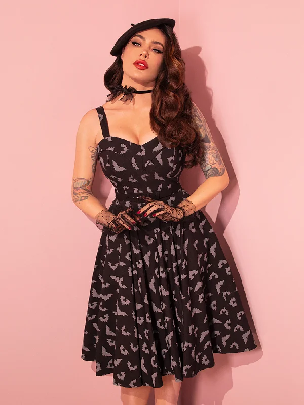 women's wedding guest dressesManeater Swing Dress in Glow in the Dark Bat Print in Black - Vixen by Micheline Pitt