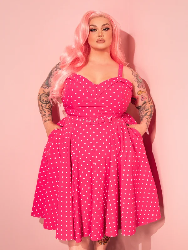 women's bow dressesManeater Swing Dress in Hot Pink & White Polka Dot - Vixen by Micheline Pitt