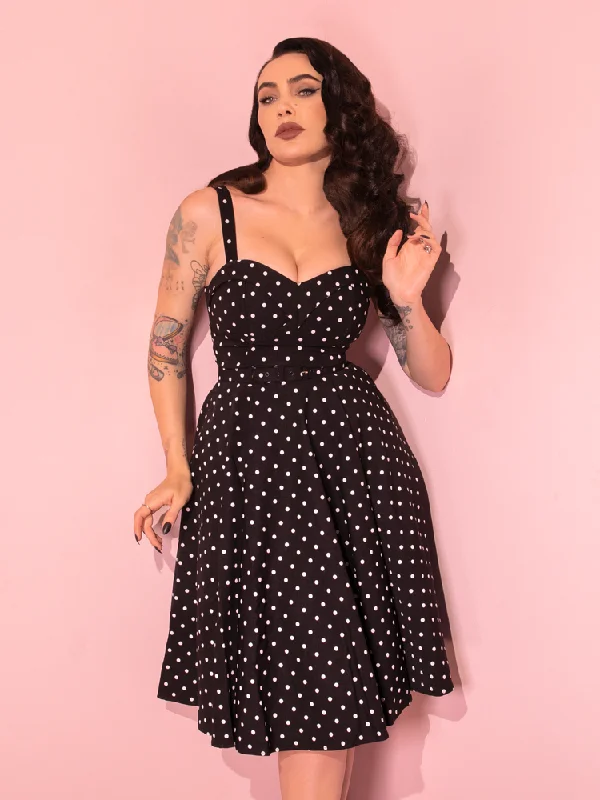 women's long-sleeved dressesManeater Swing Dress in Black Polka Dot - Vixen by Micheline Pitt