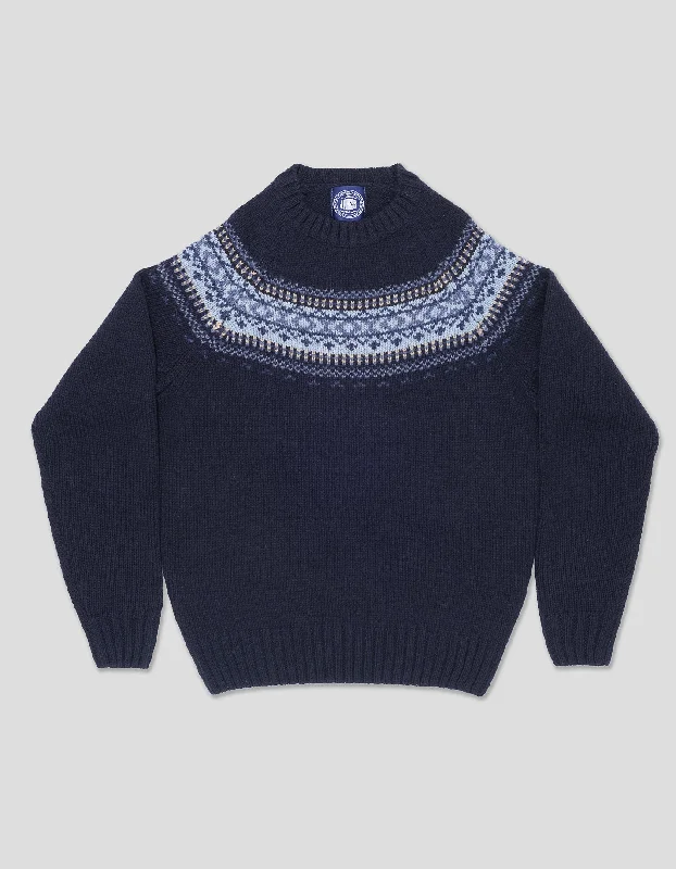 women's vacation dressesSHETLAND WOOL FAIR ISLE CREW NECK SWEATER - NAVY