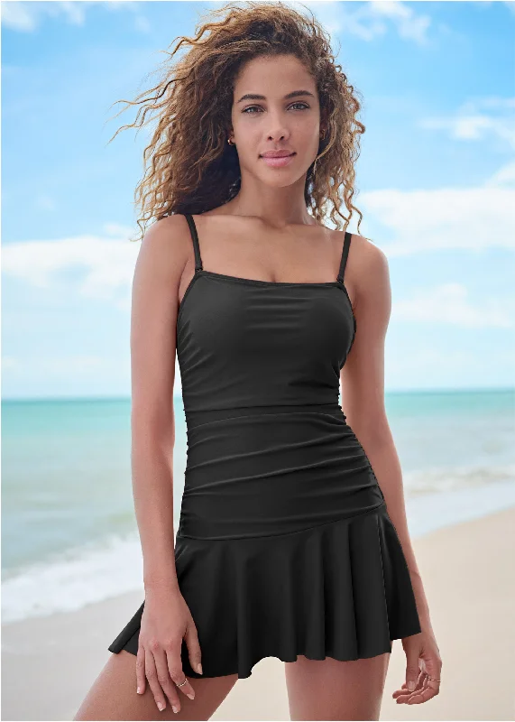 women's travel dressesSkirted Bandeau Swim Dress - Black Beauty