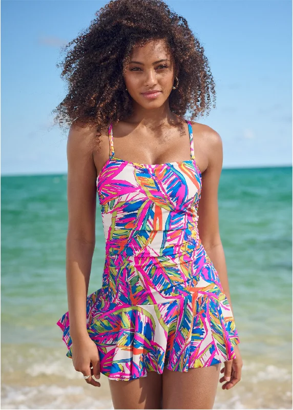 women's ethical fashion dressesSkirted Bandeau Swim Dress - Bright Palm