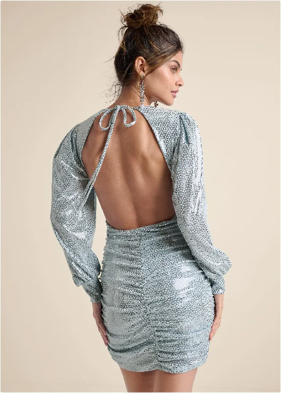 women's off-the-shoulder dressesOpen-Back Shimmer Dress  - Blue Metallic