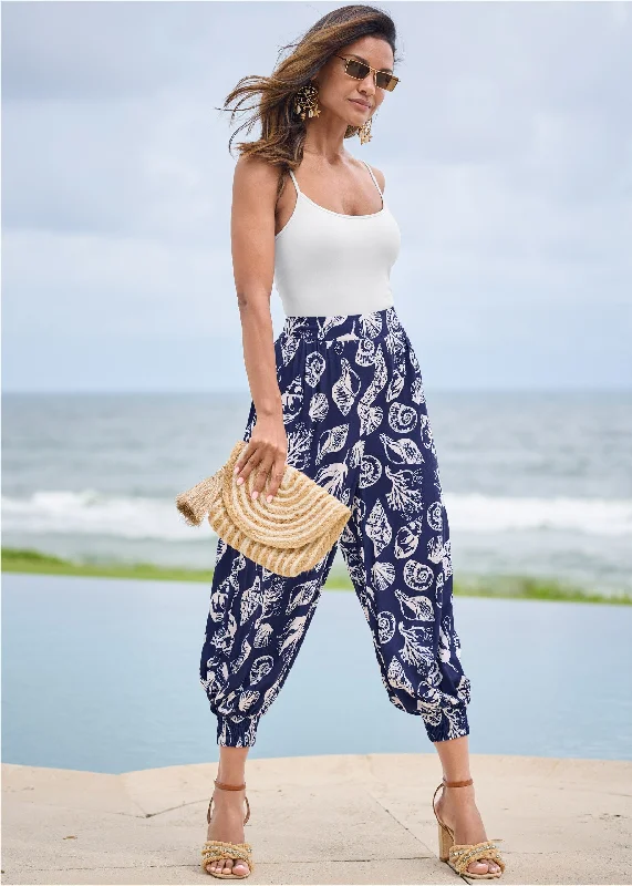 women's mother of the bride dressesDeep Ocean Patterned Pants - Navy & White