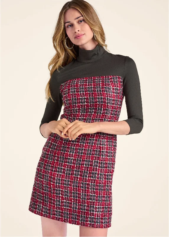 women's designer dressesMock-Neck Plaid Tweed Dress - Red & Black