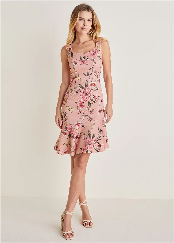 women's bell-sleeved dressesAsymmetric Ruffle Hem Dress - Ethereal Floral