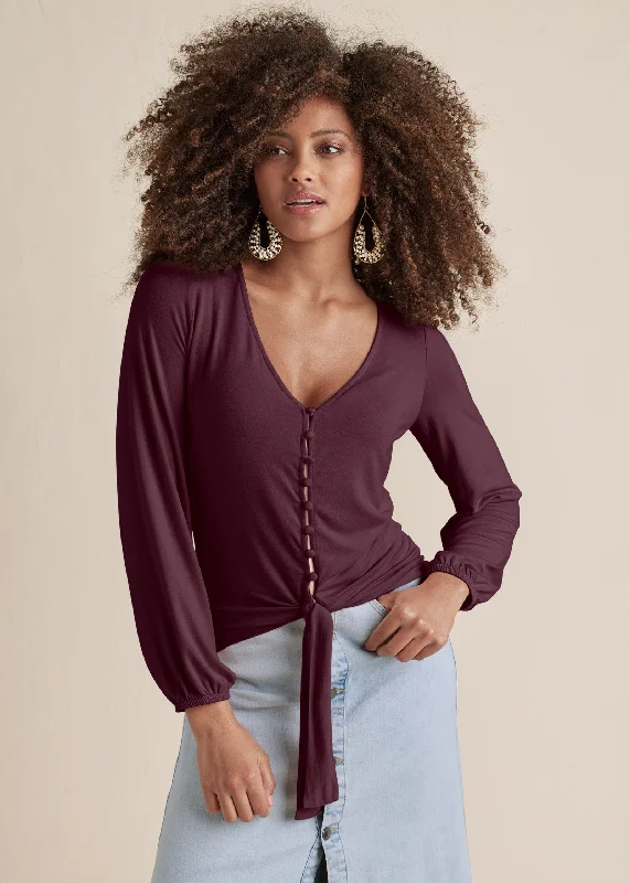 women's striped dressesTie-Front Button-Up Top - Wine