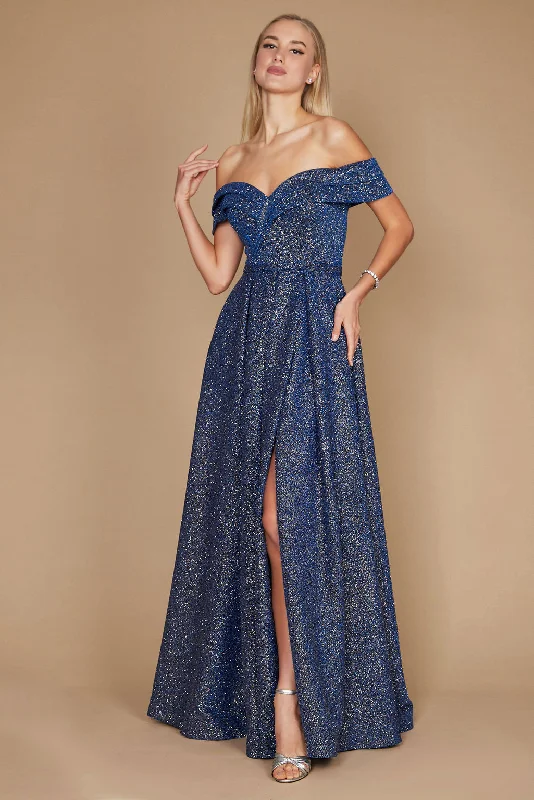 women's vintage dressesDylan & Davids Long Off Shoulder Glitter Prom Dress Royal