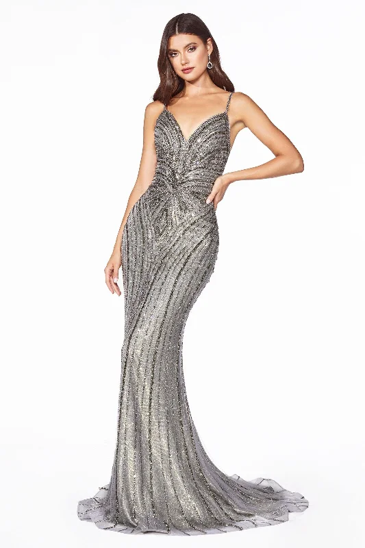 women's maximalist dressesCinderella Divine KC898 Long Formal Fitted Metallic V-Neck Prom Dress