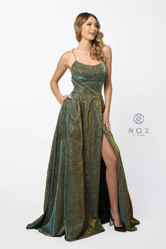 women's designer dressesProm Long Formal Spaghetti Strap Metallic Dress