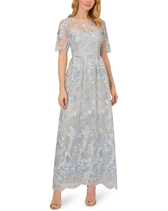 women's cinched-waist dressesAdrianna Papell Embroidered Long Gown