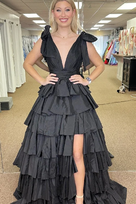 women's maximalist dressesBlack Plunge V Ruffle Tiered Ball Gown with Slit