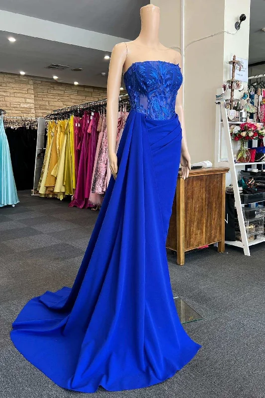 women's work dressesBlue Appliques Strapless Long Formal Gown with Attached Train