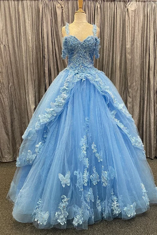 women's stretchy dressesBlue Tulle Sweetheart Multi-Layer Ball Gown with 3D Floral Lace