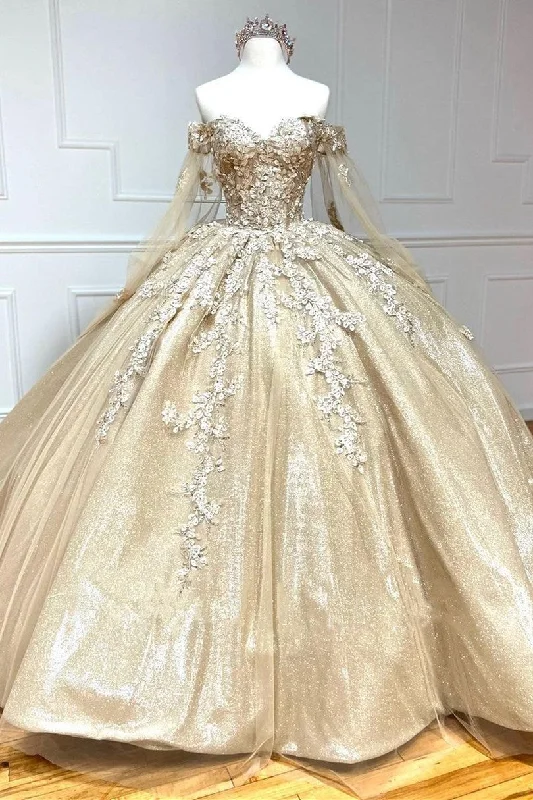 women's breathable dressesGlamorous Gold Sweetheart Ball Gown with Cape Sleeves