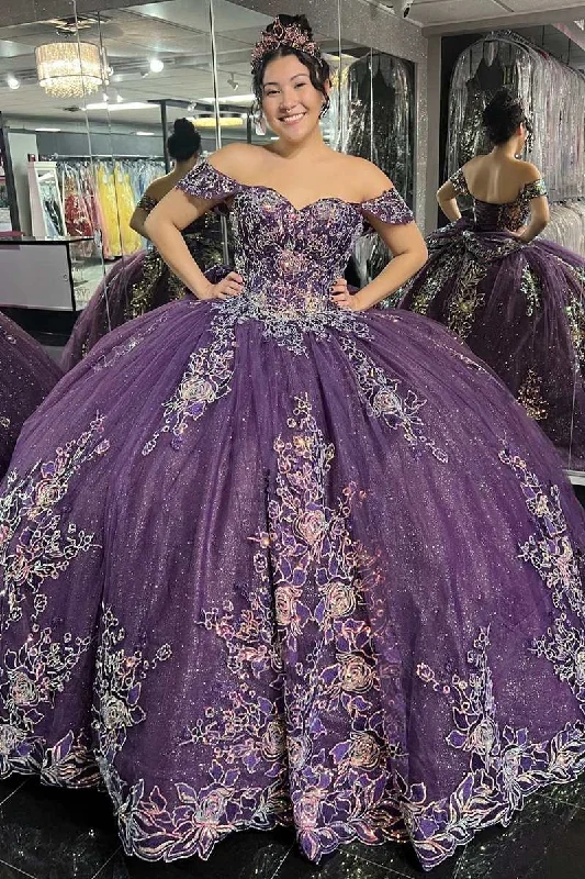 women's bespoke dressesGlamorous Purple Floral Lace Off-the-Shoulder Quinceanera Gown