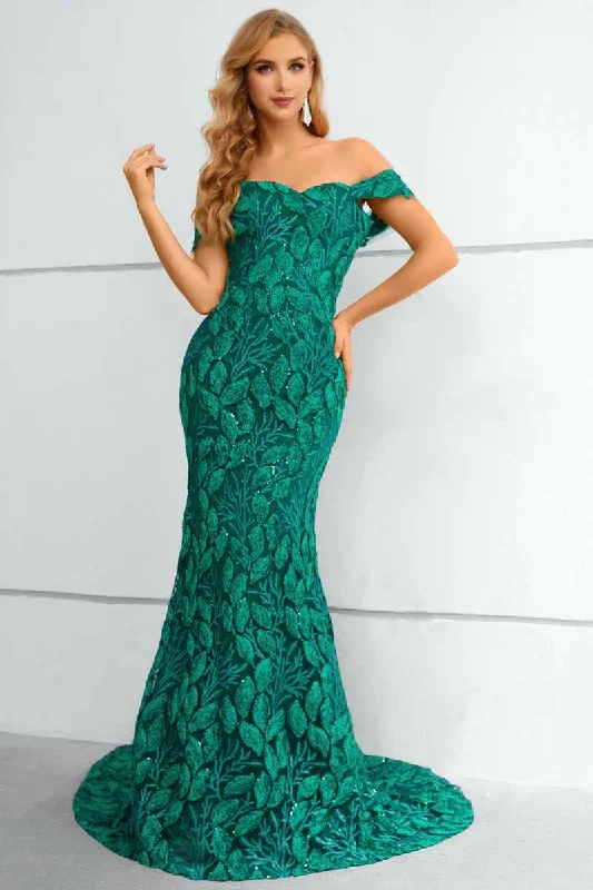 women's ruffle dressesGreen Lace Off-the-Shoulder Mermaid Long Formal Gown