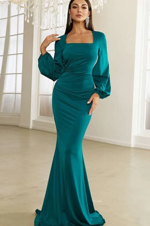 women's casual dressesGreen Square Neck Long Sleeve Mermaid Formal Gown