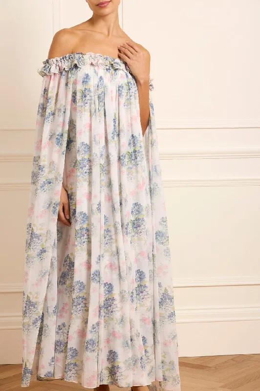 women's pastel dressesHydrangea Chiffon Off-Shoulder Ankle Gown