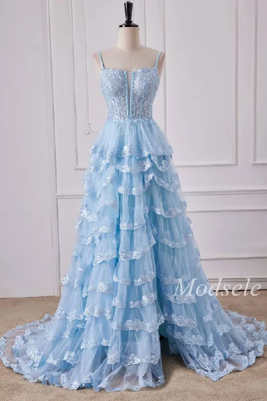 women's spaghetti strap dressesLight Blue Tulle Appliques Spaghetti Strap Ruffle Gown with Slit