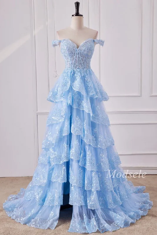 women's striped dressesLight Blue Tulle Sequin Off-the-Shoulder Ruffle Long Gown with Slit