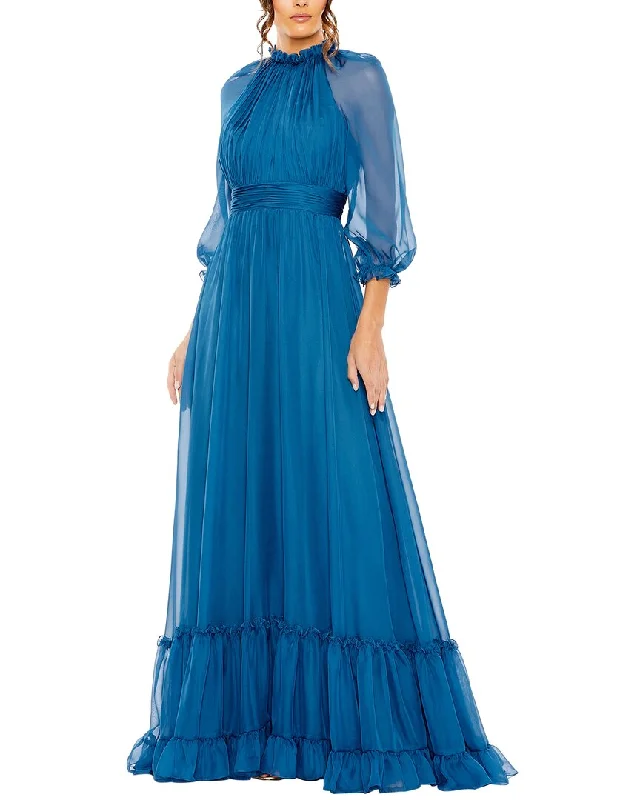 women's empire-line dressesMac Duggal Chiffon Ruched Illusion Raglan Sleeve Ruffled Gown