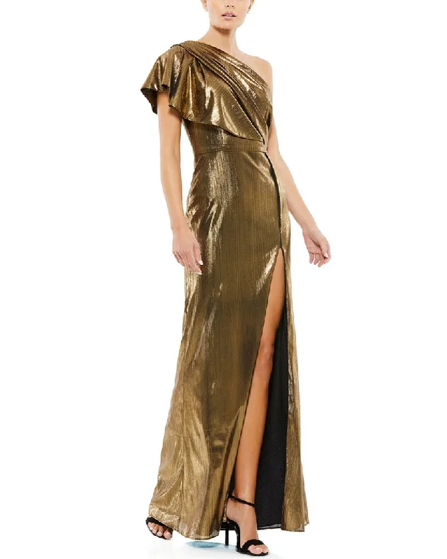 women's stretch dressesMac Duggal Metallic Ruffle One-Shoulder Gown