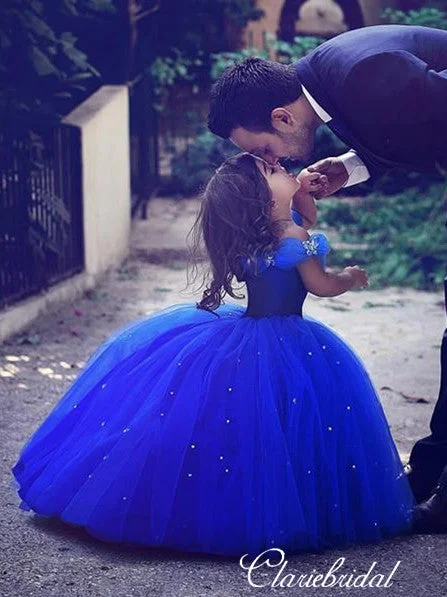 women's work dressesOff Shoulder Ball Gown Royal Blue Tulle Beaded Flower Girl Dresses