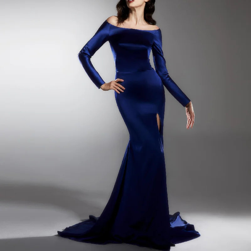 women's cotton dressesOff Shoulder Long Sleeve Royal Blue Formal Gown with Leg Slit