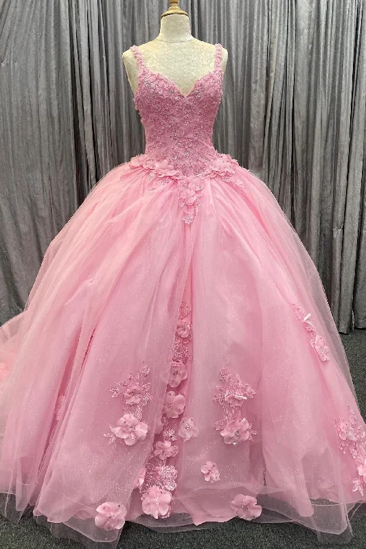 women's machine-washable dressesPink Floral Appliques Sweetheart Lace-Up Ball Gown