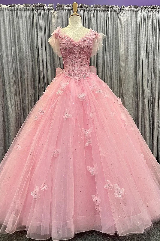 women's wrinkle-resistant dressesPink Tulle 3D Floral Lace Bow-Back Ball Gown with Flutter Sleeves