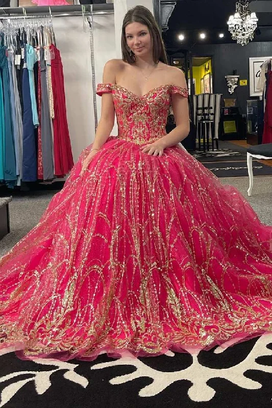 women's unique dressesPrincess Off-the-Shoulder Red Sequin Lace Ball Gown