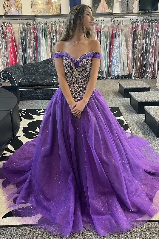 women's made-to-order dressesPrincess Purple Beaded Off-the-Shoulder Ball Gown