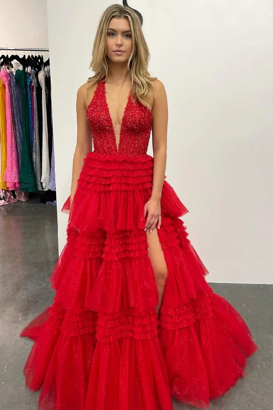 women's handmade dressesRed Tulle Appliques Halter Ruffle Tiered Ball Gown