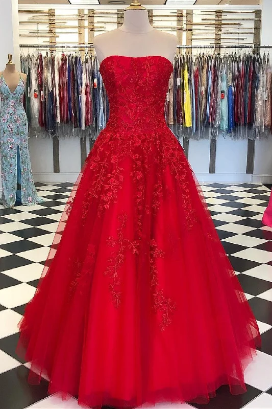 women's statement dressesStrapless Red Lace Appliques Long Formal Gown