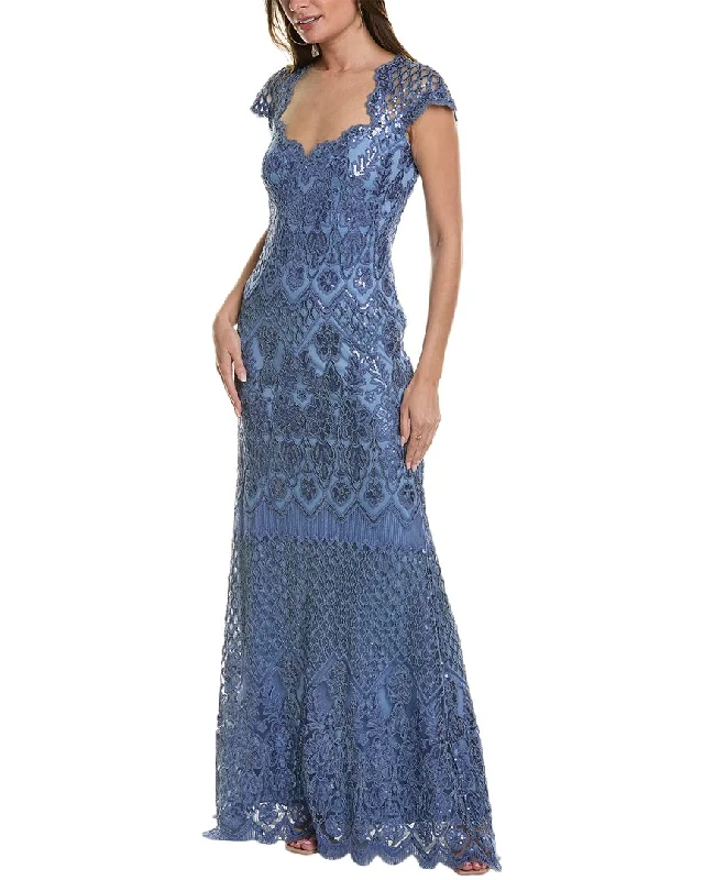 women's cinched-waist dressesTadashi Shoji Embroidered Lace Gown