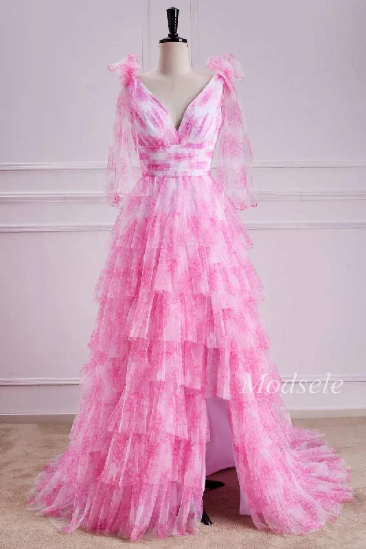 women's checkered dressesTiered Ruffle V-Neck Bow Strap Tulle Long Gown in Pink Print