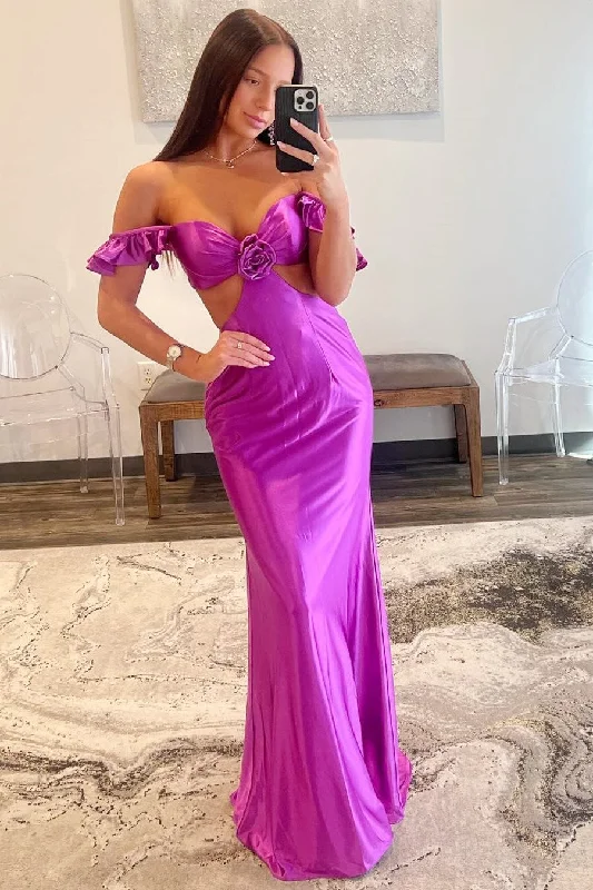 women's solid color dressesViolet Flutter Sleeve Cutout Mermaid Fitted Gown