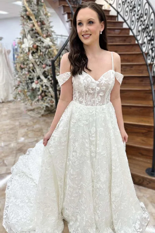 women's bridesmaid dressesWhite Floral Lace Cold-Shoulder A-Line Bridal Gown