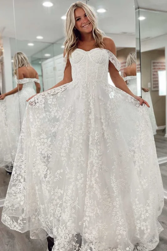 women's shift dressesWhite Floral Lace Off-the-Shoulder A-Line Bridal Gown