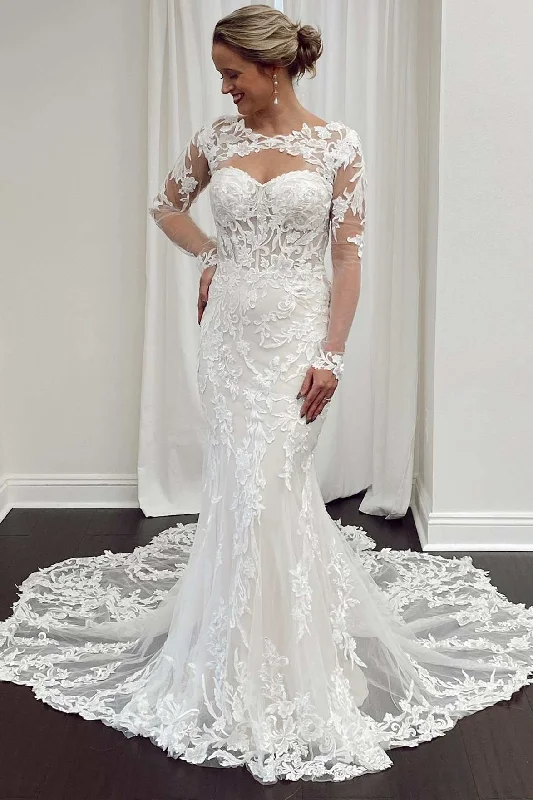 women's prom dressesWhite Lace Cutout Long Sleeves Trumpet Bridal Gown