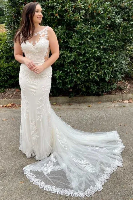 women's wedding guest dressesWhite Lace Illusion Neck Mermaid Long Bridal Gown